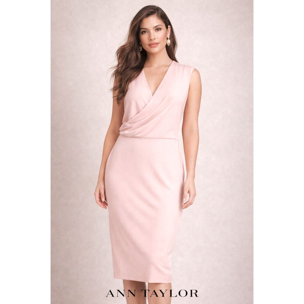 Ann Taylor Blush Pink Sleeveless Wrap Dress SZ 4 Capsule Midi Sheath Minimalist